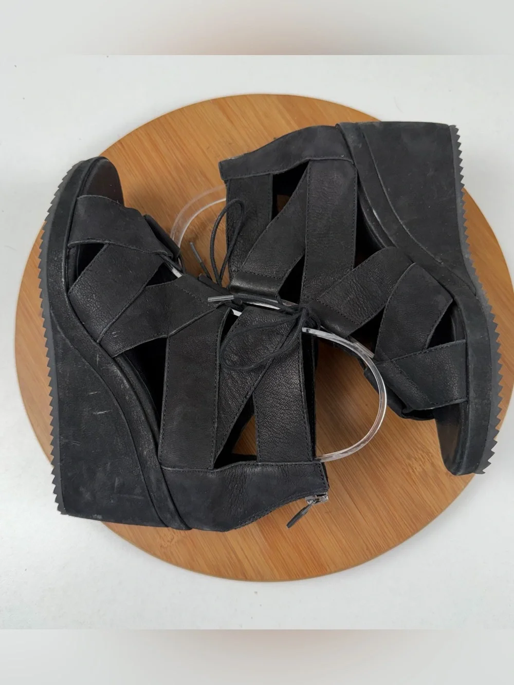 Eileen Fisher Dibs Black Lace-Up Strappy Wedge Sandals